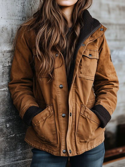 Camel Brown Warm Sherpa Inner Lining Canvas Utility Jacket