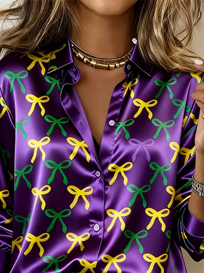 Women'S Casual Lapel Color-Block Printed Shirt