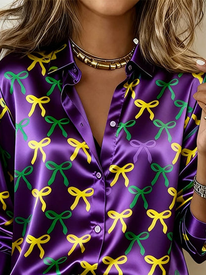 Women'S Casual Lapel Color-Block Printed Shirt