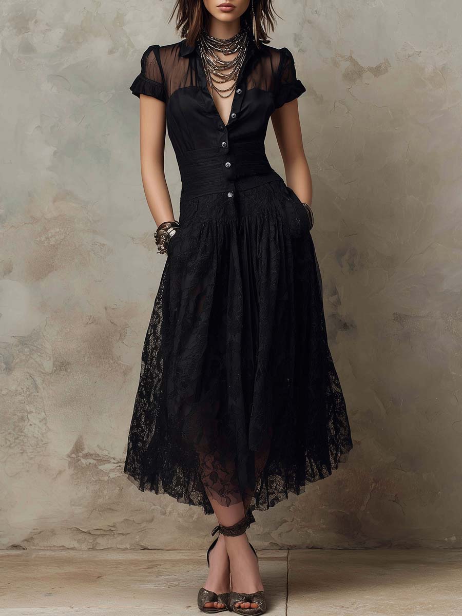 Vintage Sheer Sleeves Lace Fabric Midi Dress