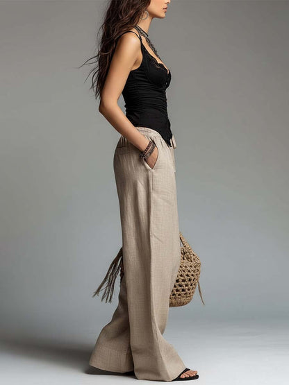 Bohemian Lace Trim Ruched Corset & Linen-Cotton Wide-Leg Pants Set