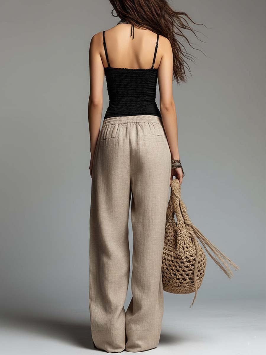 Bohemian Lace Trim Ruched Corset & Linen-Cotton Wide-Leg Pants Set