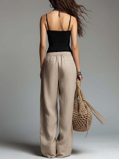 Bohemian Lace Trim Ruched Corset & Linen-Cotton Wide-Leg Pants Set