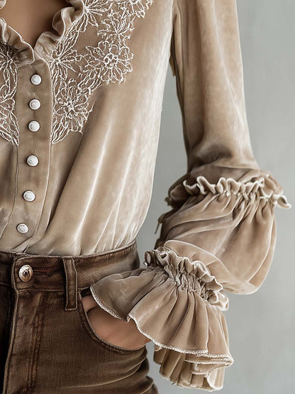 Champagne Beige Floral Embroidered Ruffled Velvet Shirt