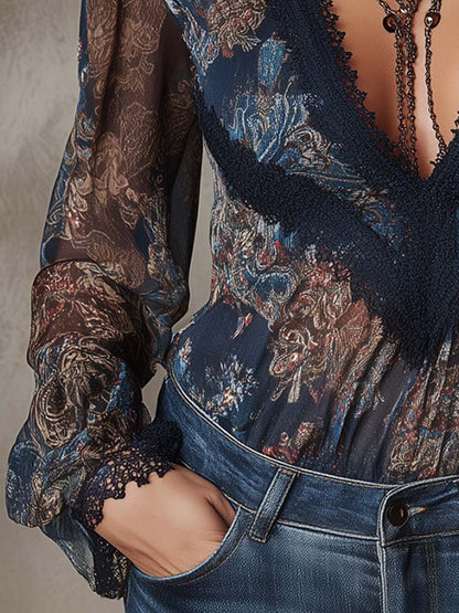 Boho Vintage Floral Blouse Sheer Lace Shirt