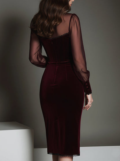 Elegant Mesh Polyester Velvet Stitching Sweetheart Neckline Slim Midi Dress