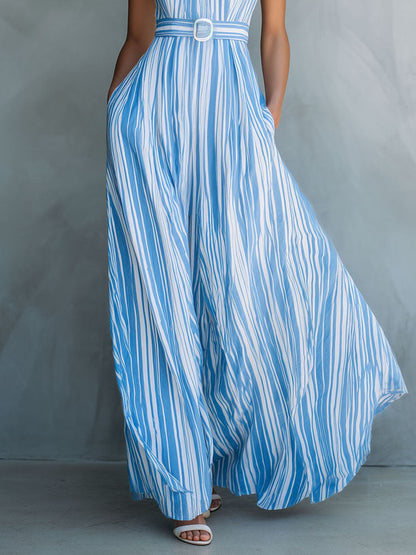 Boho Sky Blue Striped Belted Waist Halter Maxi Dress