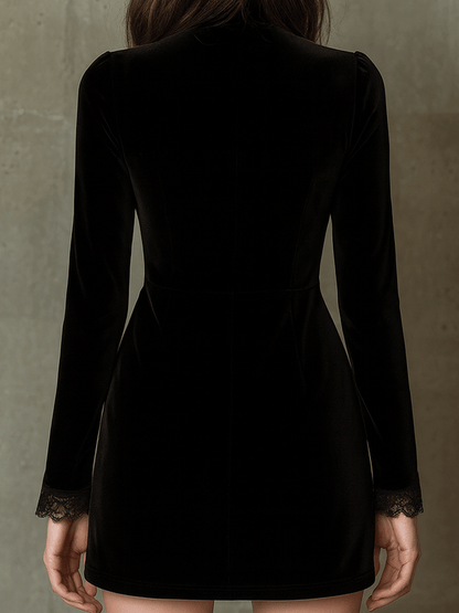 Elegant Vintage Black Velvet Gold Embroidery And Zip Front Mini Dress