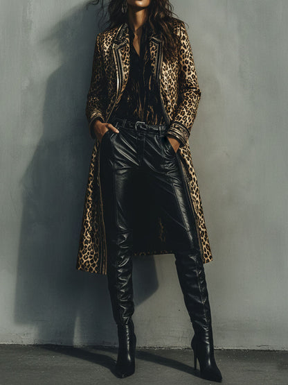 Vintage Woolen Blend Leopard Pattern Long Coat