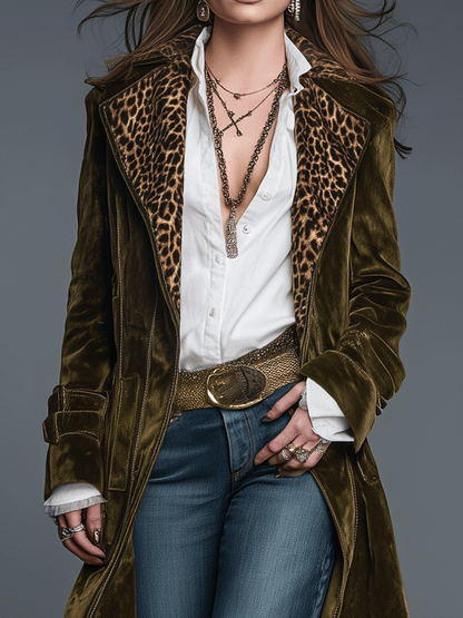 Boho Luxe Olive Velvet Leopard Lapel Long Coat