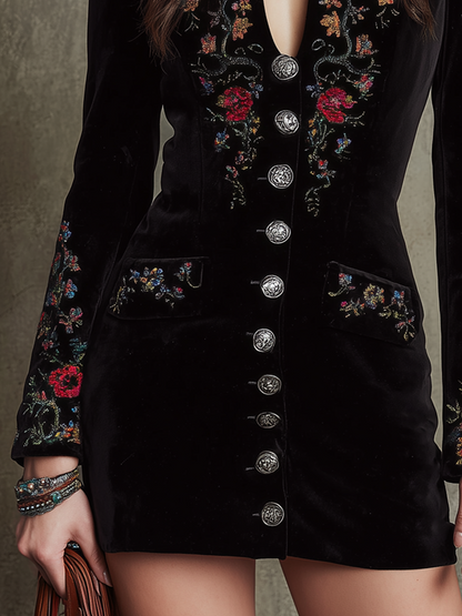 Retro Stand V Neck Embroidered Polyester Velvet Slim Mini Dress