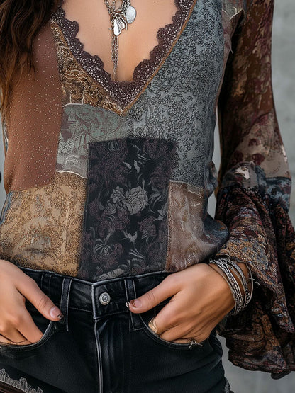 Boho Patchwork Print Sheer Lace Blouse With Bell Sleeve