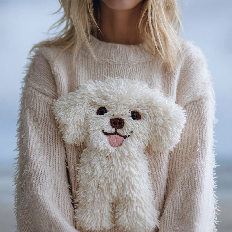 Cute Fuzzy Dog Embroidered Cozy Knit Sweater