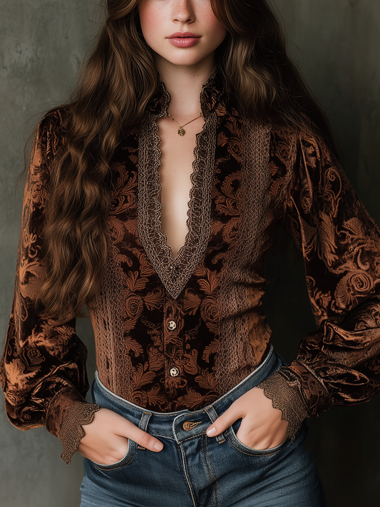 Vintage Printed Lace Trim Poly Velvet Blouse