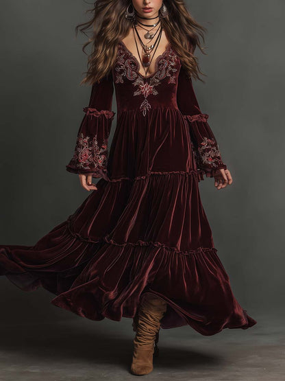 Velvet Bohemian Embroidered Maxi Dress
