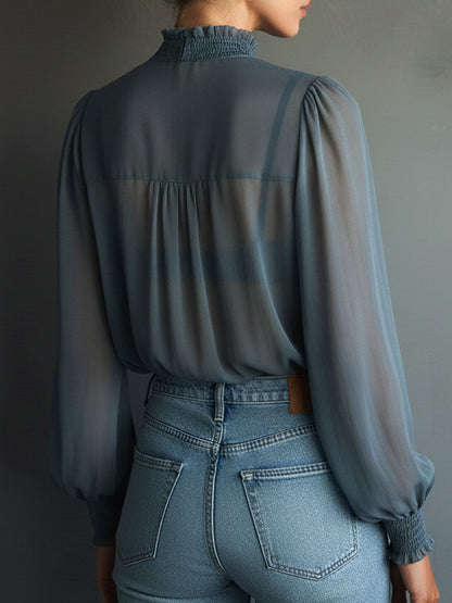 High Neck Smoky Blue Embroidered Chiffon Blouse With Sheer Sleeves