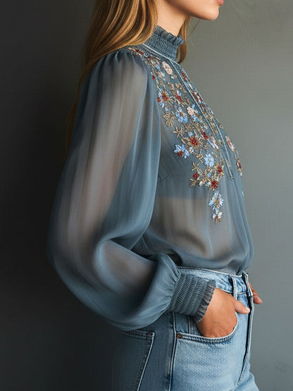 High Neck Smoky Blue Embroidered Chiffon Blouse With Sheer Sleeves
