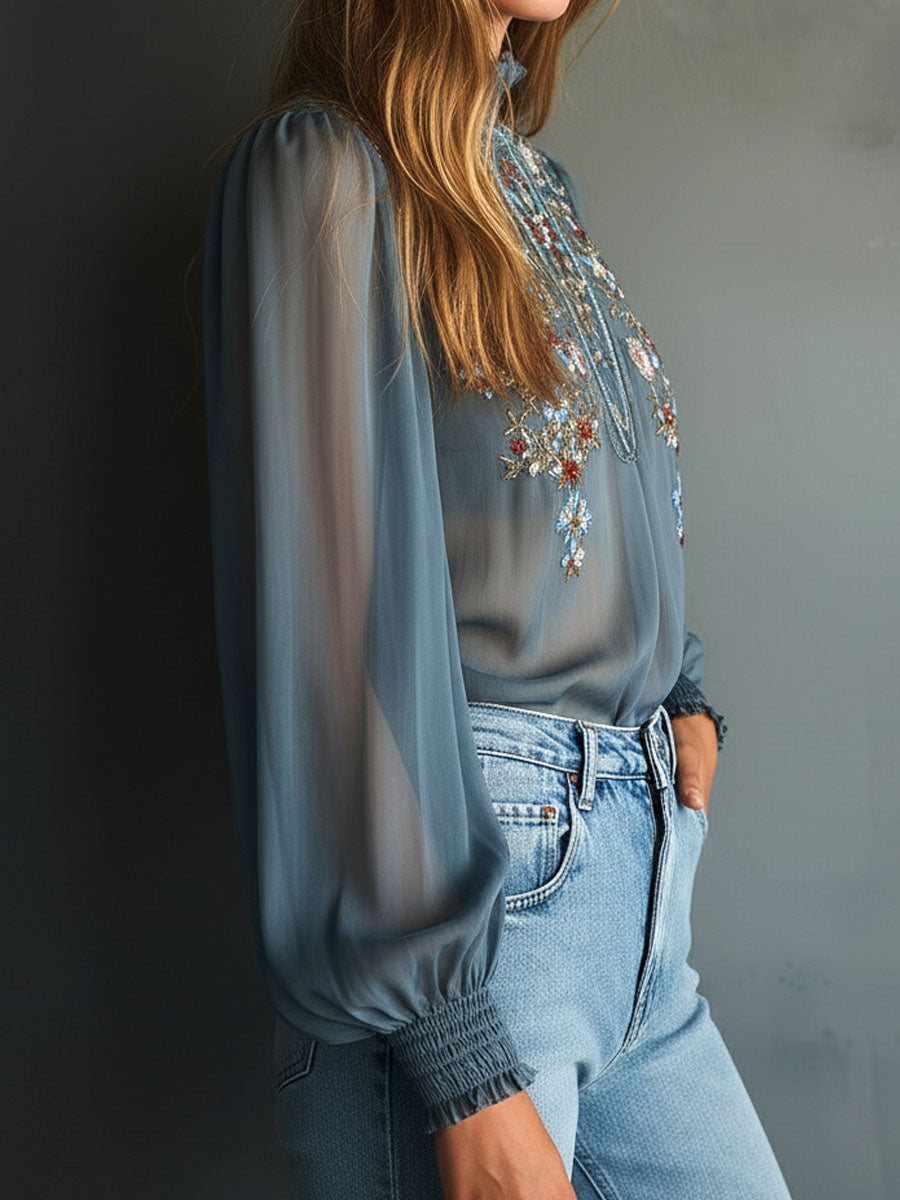 High Neck Smoky Blue Embroidered Chiffon Blouse With Sheer Sleeves