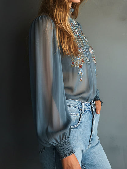 High Neck Smoky Blue Embroidered Chiffon Blouse With Sheer Sleeves