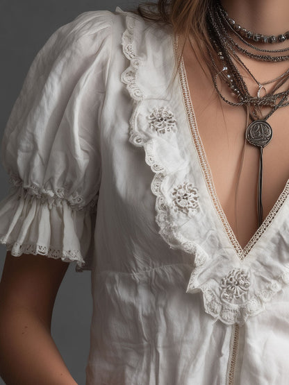 Vintage Embroidered Floral Puff Sleeve Blouse