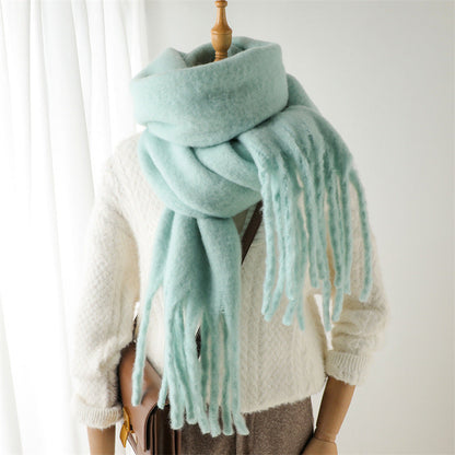 Solid Color Versatile Winter Warm Extended Tassel Scarf