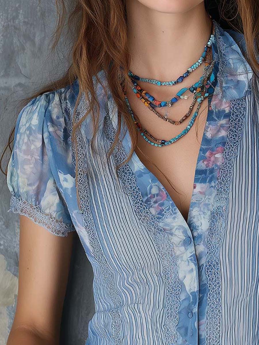 Soft Vintage Pleated Chiffon Lace Trim Blouse