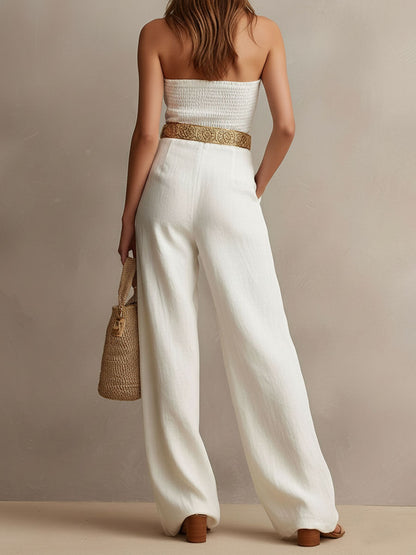 Vintage Boho White Halter Wide-Leg One Piece Jumpsuit