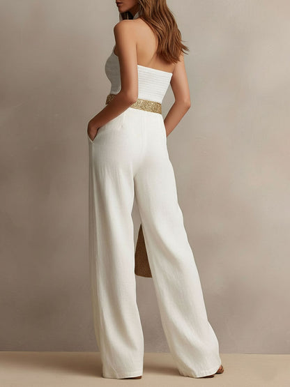Vintage Boho White Halter Wide-Leg One Piece Jumpsuit