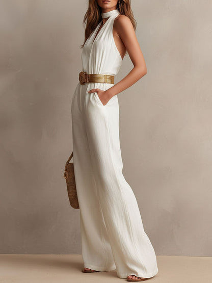 Vintage Boho White Halter Wide-Leg One Piece Jumpsuit