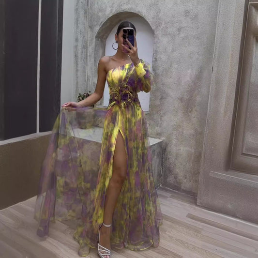 Sexy Oblique Shoulder One-Shoulder Long Sleeve Floral Yarn Dress