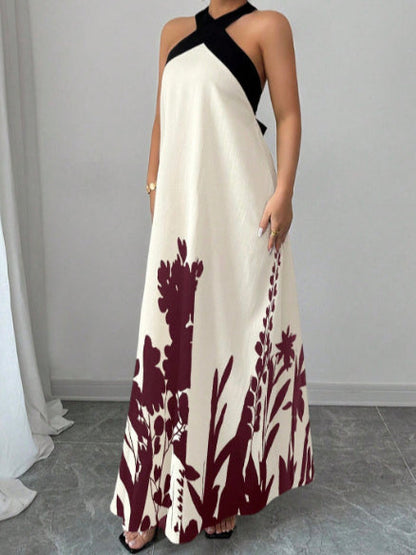 Women's Summer Vacation Halter Backless Bow Bandage Contrast Color Large Swing Dress