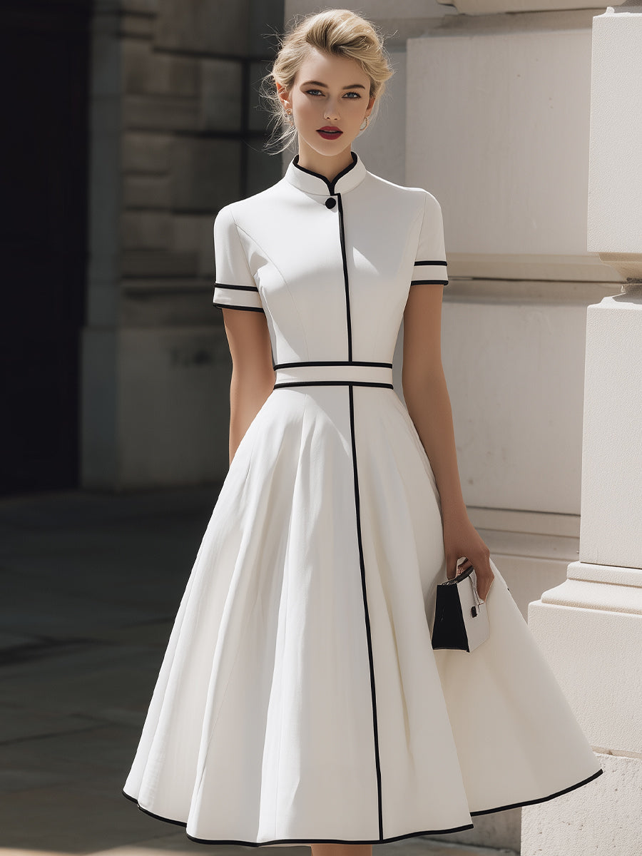 Timeless Contrast-Piped Mandarin Collar Midi Dress