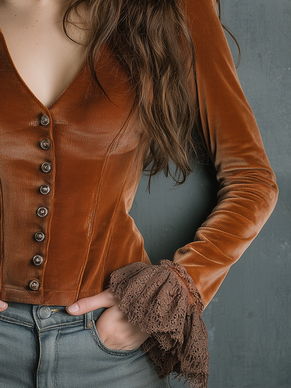 Vintage V-neck Lace Cuffs Poly Velvet Blouse
