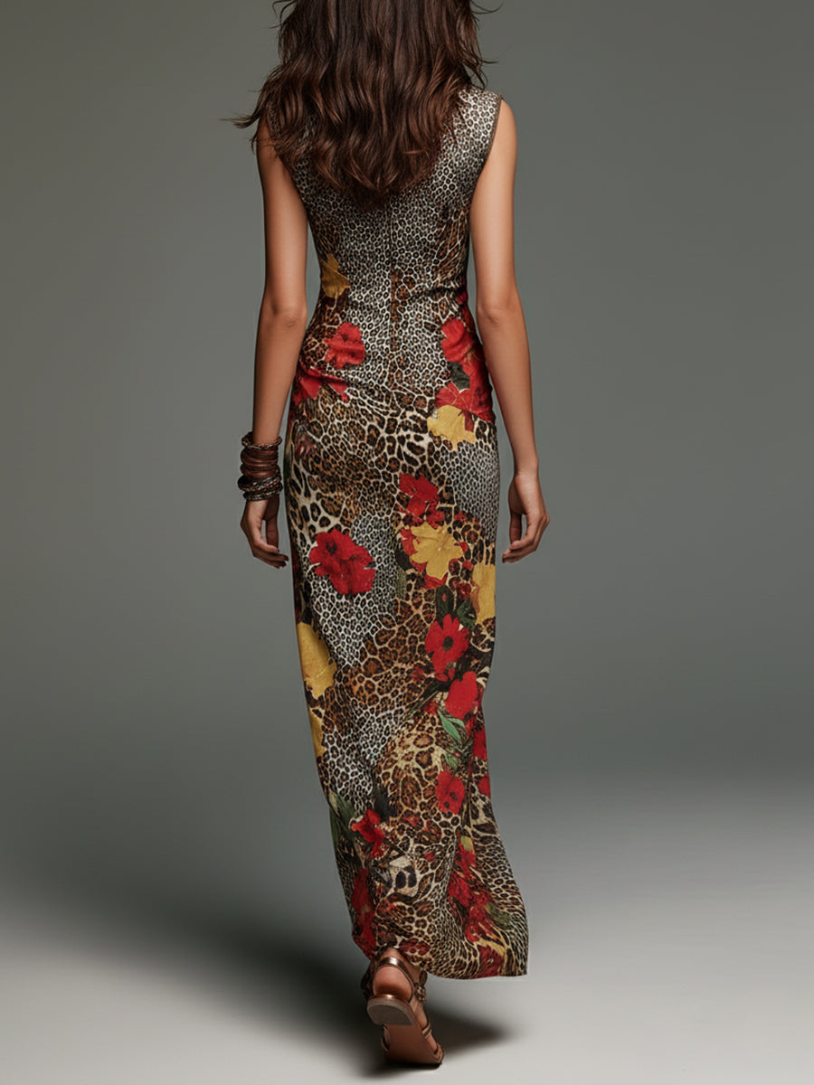 Bohemian Leopard Print Floral Stand-collar Slim-fit Maxi Dress