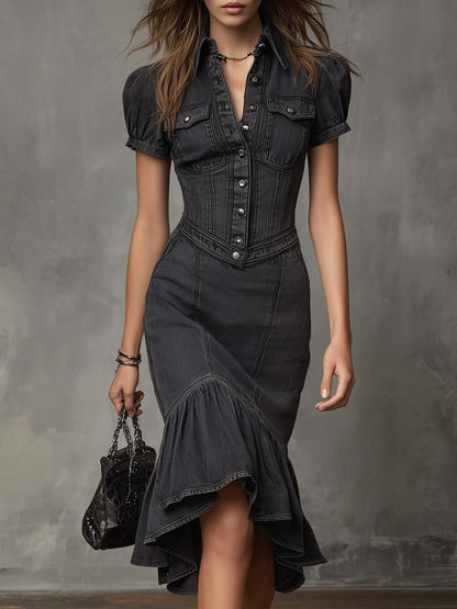 Retro Flare Hem Short-sleeved Denim Midi Dress