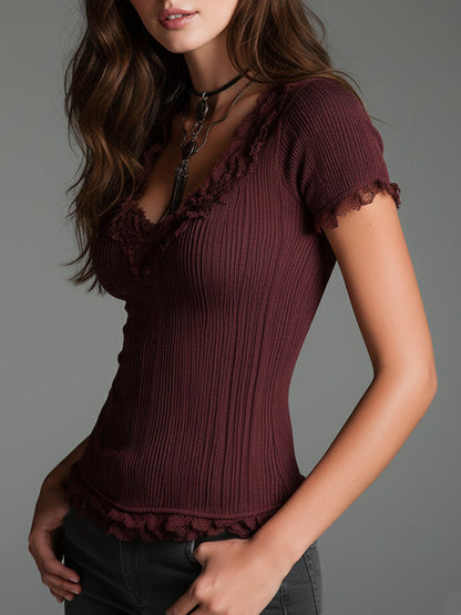 Vintage Faded Knitted Short-sleeved T-shirt With Lace Trim