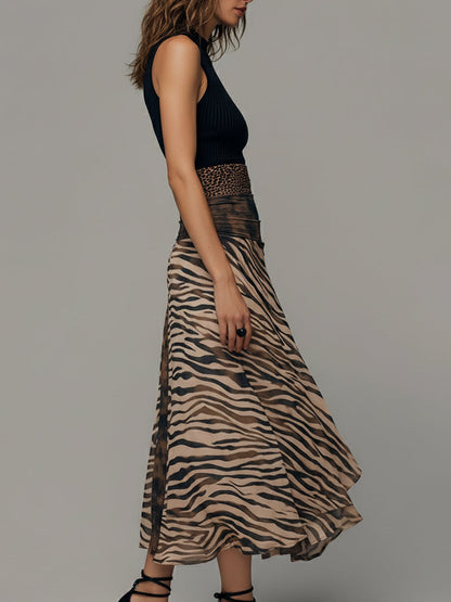 Vintage Zebra Print Tie-dye Patchwork Sleeveless Midi Dress