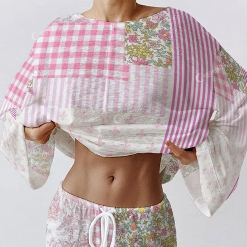 Colordate Women's Floral Checkered Patchwork Print Long Sleeve Cotton Homewear Set