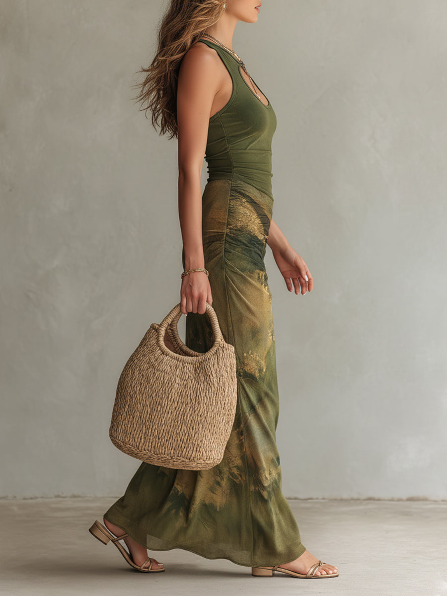 Retro Keyhole-Neck Oil Painting Print Maxi Dress