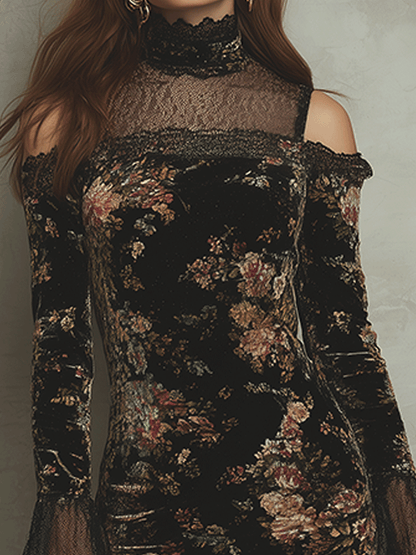 Vintage Black Velvet Floral Lace Cold-Shoulder Mini Dress