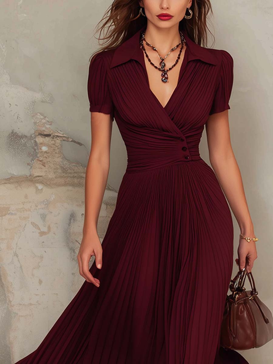 Vintage Pleated V-neck Midi Dress
