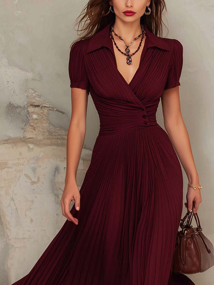 Vintage Pleated V-neck Midi Dress