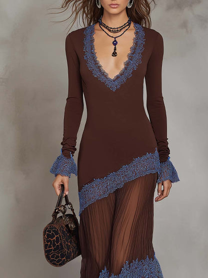 Retro Sheer Pleated Hem Lace Trim Midi Dress