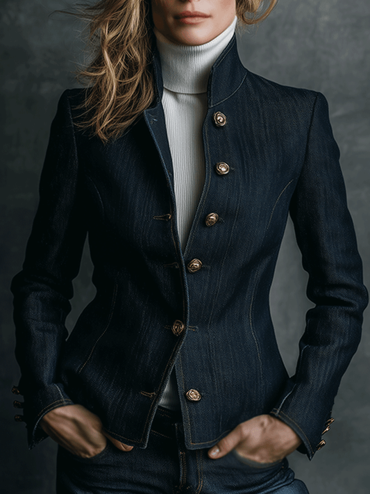 Vintage High Collar Classic Curve Cut Denim Brass Button Jacket