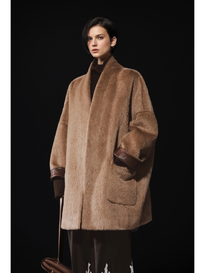 Luxury Ostrich-Texture Patchwork Wool-Blend Alpaca Coat for Women – Elegant Fall Winter Outerwear