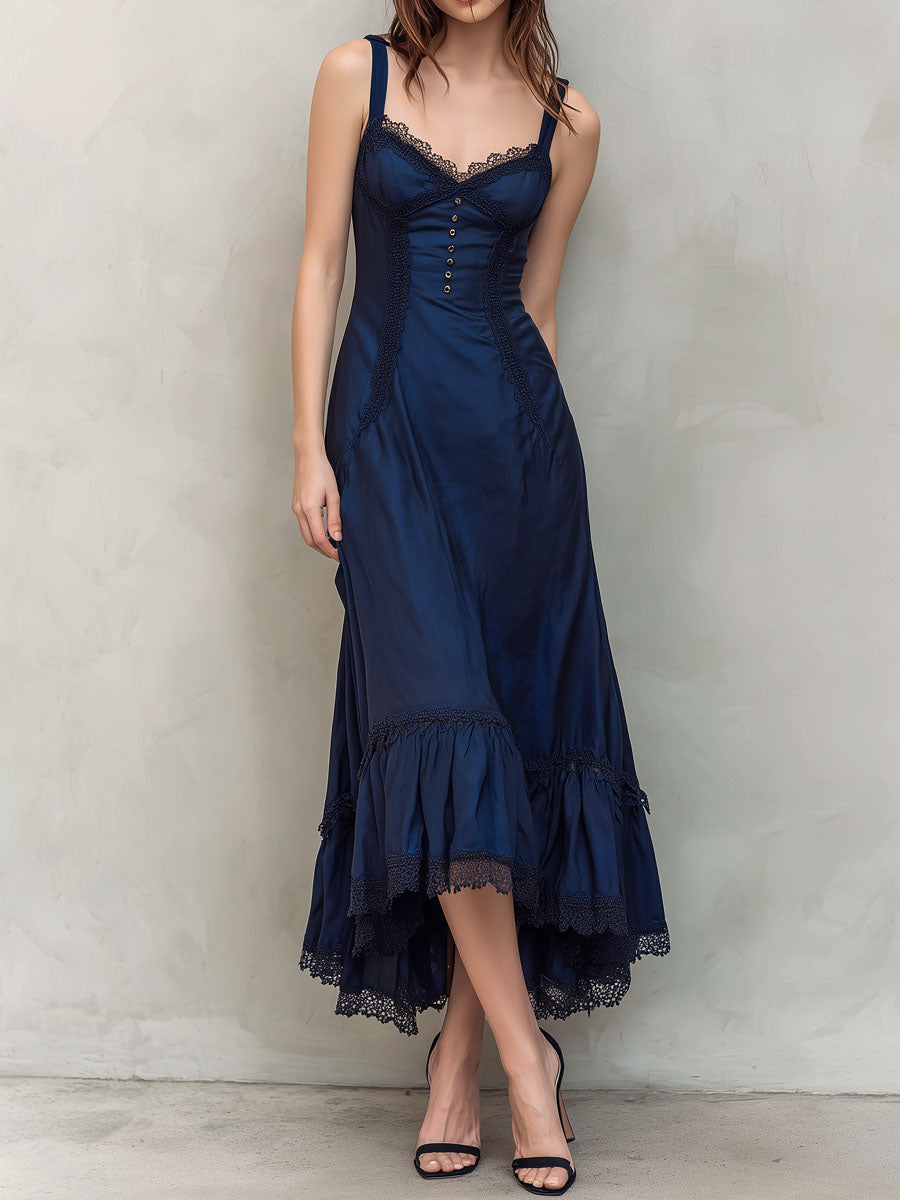 Retro Elegant Navy Satin Corset Midi Dress With Lace Trim