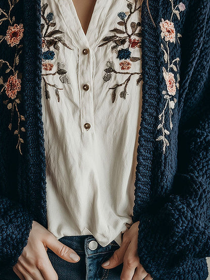 Navy Blue Chunky Knit Cardigan With Floral Embroidery