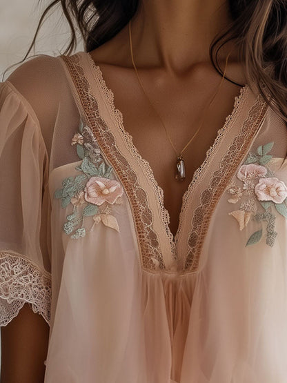 Boho Delicate Floral Embroidered Chiffon Blouse