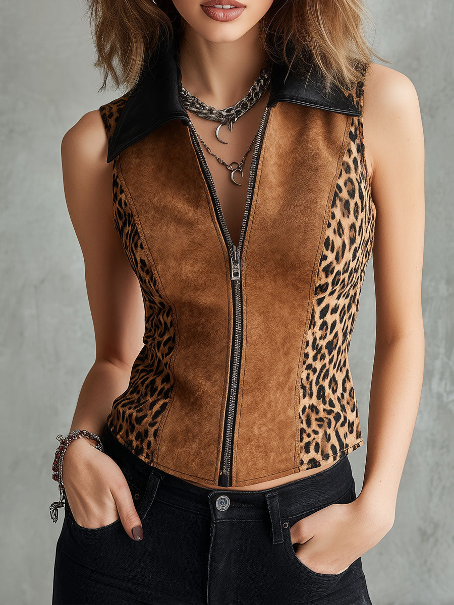 Rock-Chic Eco Leather Collar Leopard Print Microsuede Zip-Up Vest