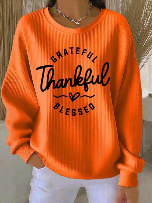 Women's Casual Vintage Grateful Thankful Blessed Textured Sweatshirt